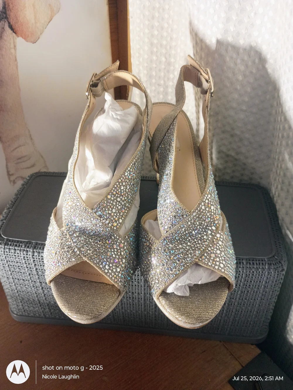 Alex Marie Gold Crystal Embellished Wedge Sandals